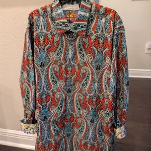 Robert Graham Multicolor Red & Blue Paisley W/Contrast Cuffs, Embroidery Side